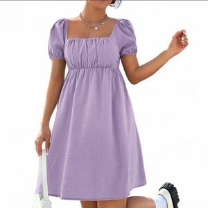 Lavender Square-Neck Puff Sleeve Dress